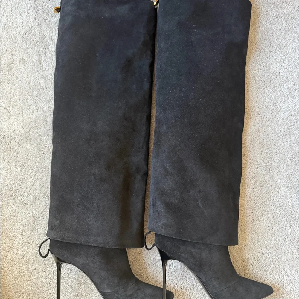 Balmain Ariel Black Over-the-Knee Suede Pointed-Toe Stiletto Boots